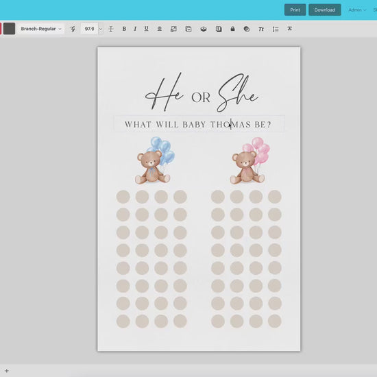 He or She What Will Baby Be, Gender Guess Sign, Bear with Pink Blue Balloons Baby Gender Reveal Game, Editable Template Download TEMPLETT