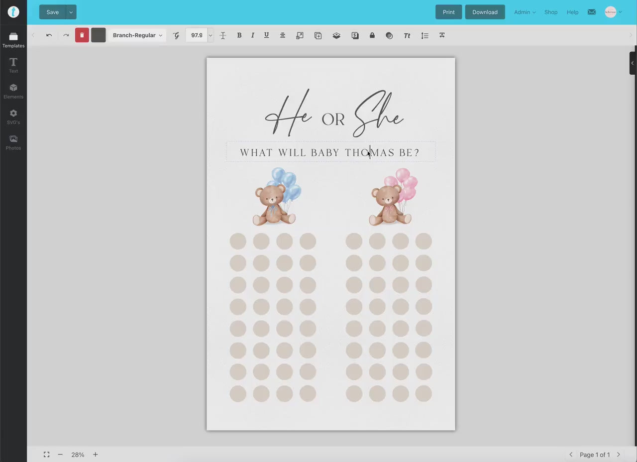 He or She What Will Baby Be, Gender Guess Sign, Bear with Pink Blue Balloons Baby Gender Reveal Game, Editable Template Download TEMPLETT