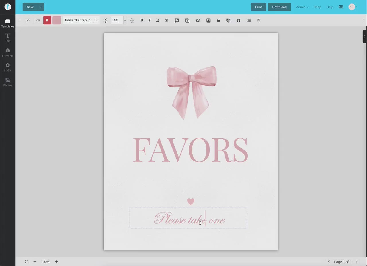 Favors Sign Pink Bow Baby Shower, Please Take One Favors Table Sign, Girl Baby Sprinkle, Editable Template Digital Download TEMPLETT