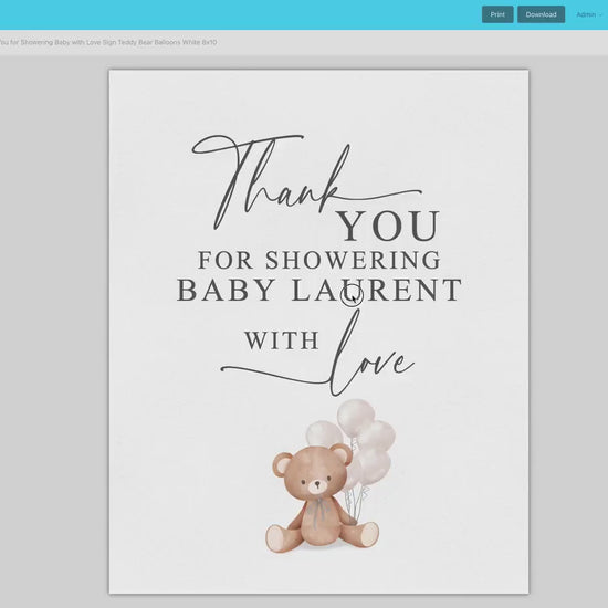 Thank You for Showering Baby with Love Baby Shower Sign, Bear with White Balloons, Boy Girl Baby Shower Sprinkle, Template Download Templett