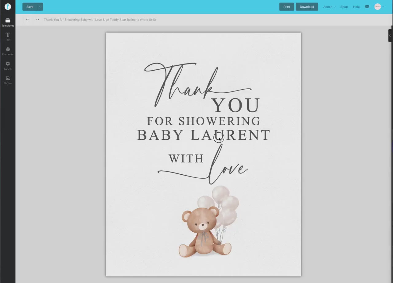 Thank You for Showering Baby with Love Baby Shower Sign, Bear with White Balloons, Boy Girl Baby Shower Sprinkle, Template Download Templett