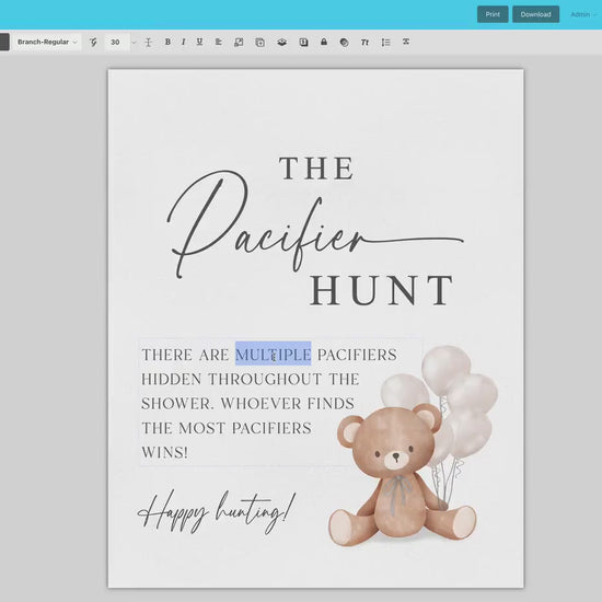 Pacifier Hunt Baby Shower Game Sign, Teddy Bear with Beige Balloons, Boy Girl Baby Shower, Sprinkle, We Can Bearly Wait, Template Download