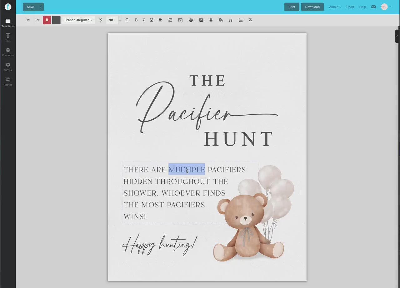 Pacifier Hunt Baby Shower Game Sign, Teddy Bear with Beige Balloons, Boy Girl Baby Shower, Sprinkle, We Can Bearly Wait, Template Download