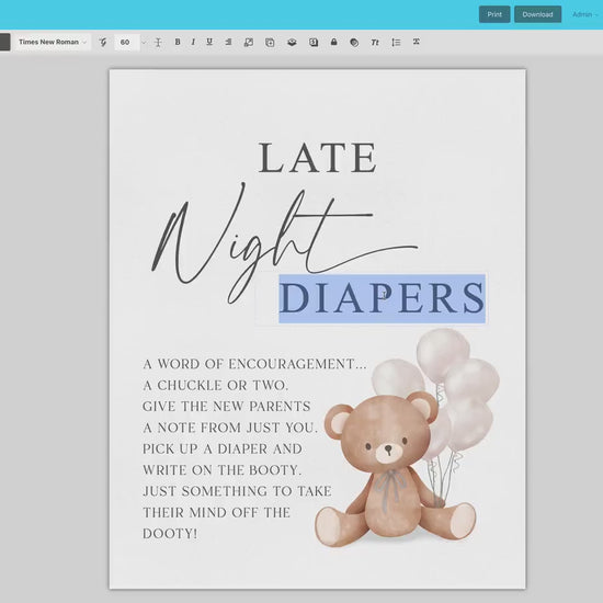 Late Night Diapers Baby Shower Game Sign, Teddy Bear White Balloons, Girl Boy Baby Shower, We Can Bearly Wait, Template Download TEMPLETT
