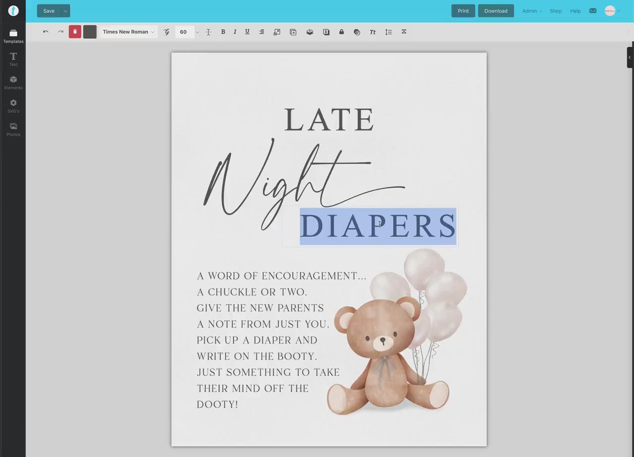 Late Night Diapers Baby Shower Game Sign, Teddy Bear White Balloons, Girl Boy Baby Shower, We Can Bearly Wait, Template Download TEMPLETT