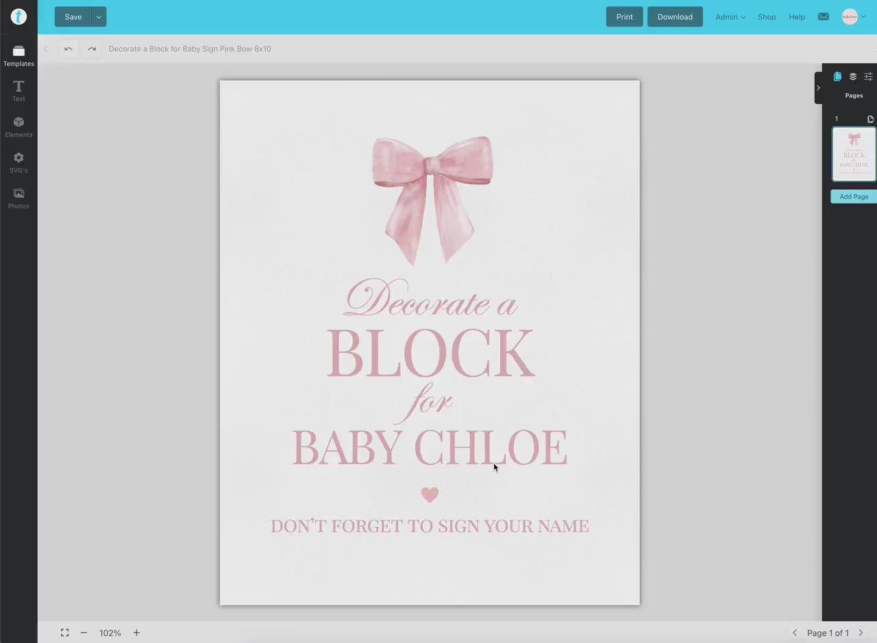 Decorate a Block for Baby Sign, Pink Bow Baby Shower, Baby Block Decorating Game, Girl Baby, Editable Template Digital Download TEMPLETT