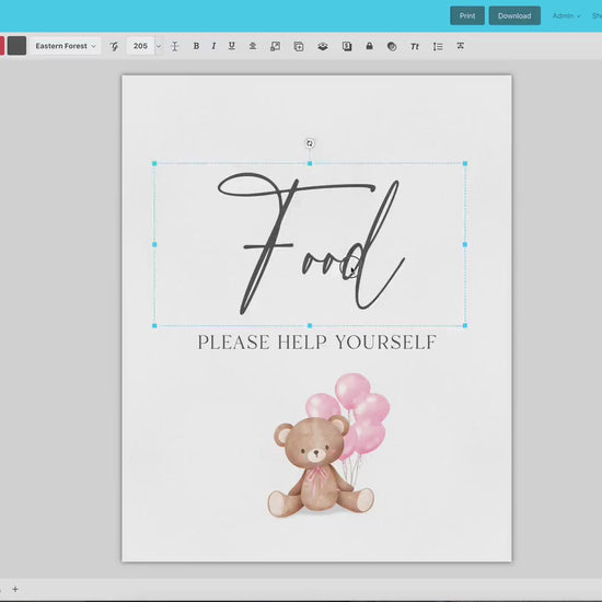 Food Buffet Tent Card + Sign, Bear Baby Shower, Teddy Girl with Bow + Pink Balloons, We Can Bearly Wait, Template Download Templett