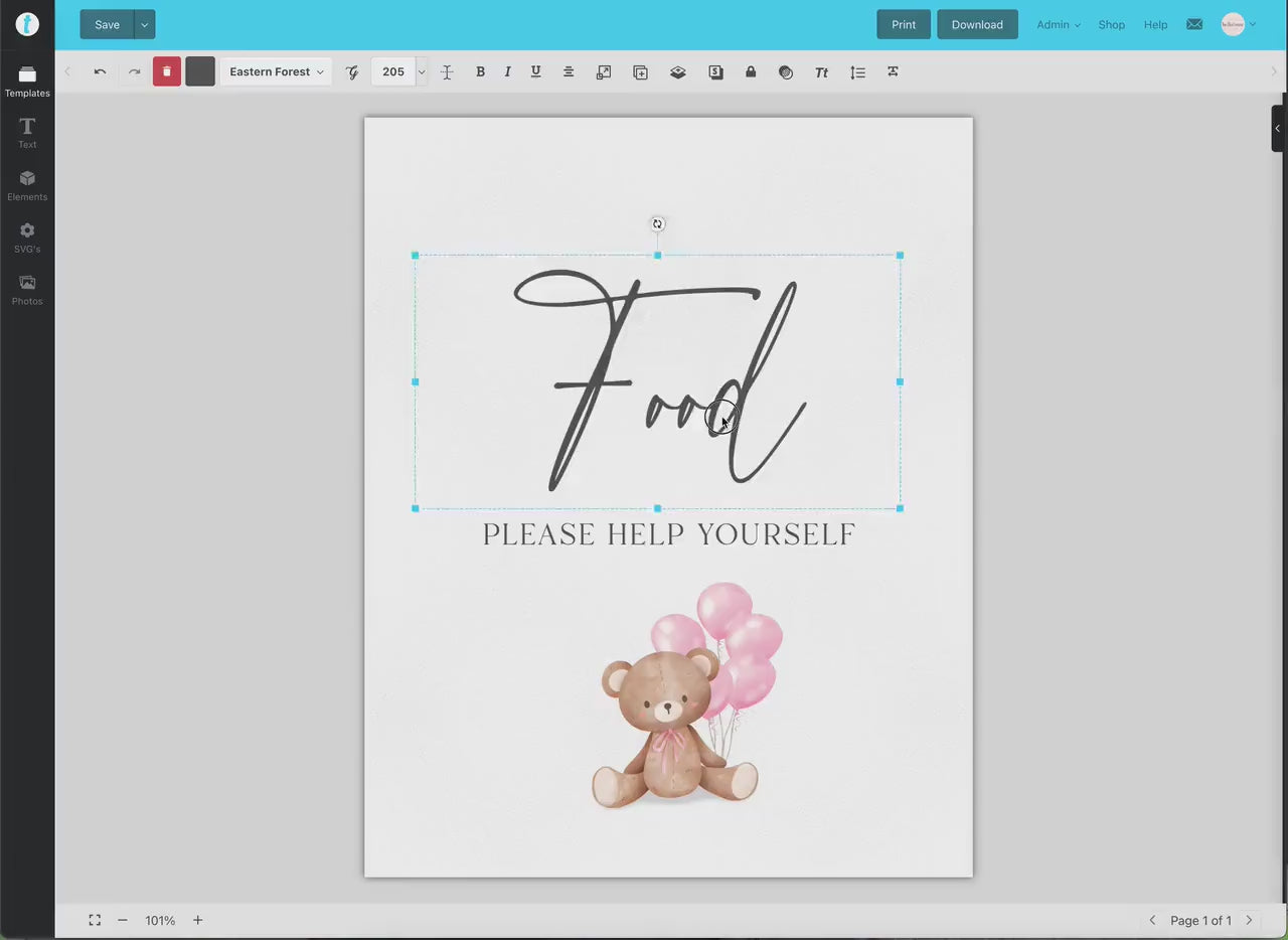 Food Buffet Tent Card + Sign, Bear Baby Shower, Teddy Girl with Bow + Pink Balloons, We Can Bearly Wait, Template Download Templett