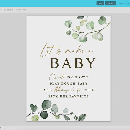 Lets Make a Baby Game Sign . Play Dough Baby . Boy Girl Neutral Shower . Greenery Gold . PRINTABLE Editable Template Download Templett G2-T
