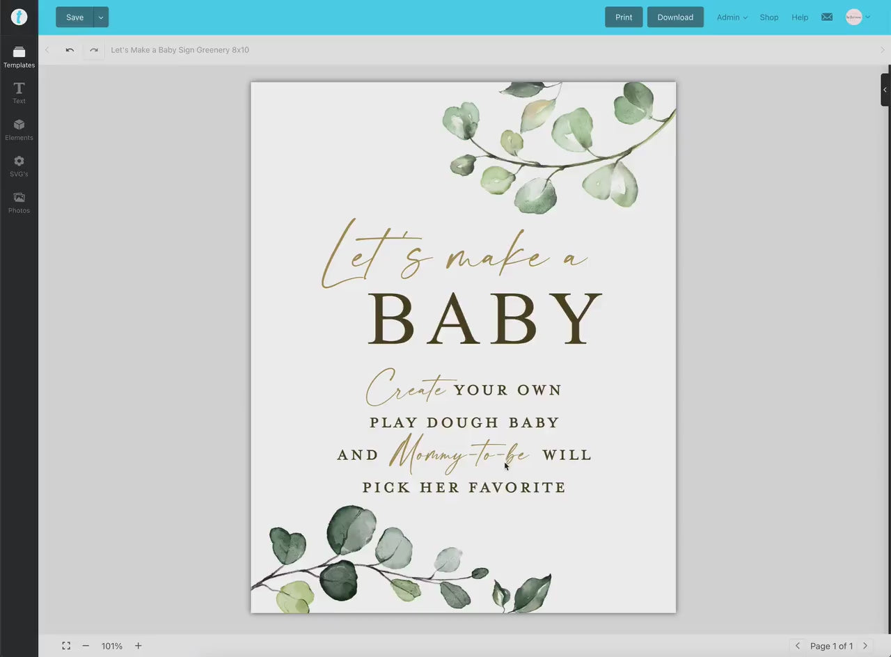 Lets Make a Baby Game Sign . Play Dough Baby . Boy Girl Neutral Shower . Greenery Gold . PRINTABLE Editable Template Download Templett G2-T