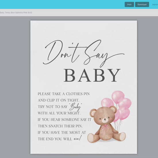 Dont Say Baby Baby Shower Game Sign, Teddy Bear with Pink Balloons, Girl Baby Shower, Baby Sprinkle,  We Can Bearly Wait, Template Download