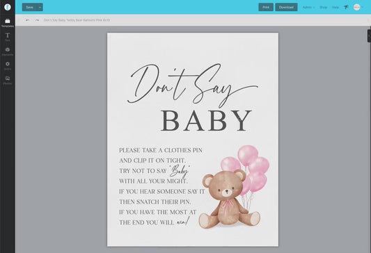 Dont Say Baby Baby Shower Game Sign, Teddy Bear with Pink Balloons, Girl Baby Shower, Baby Sprinkle,  We Can Bearly Wait, Template Download