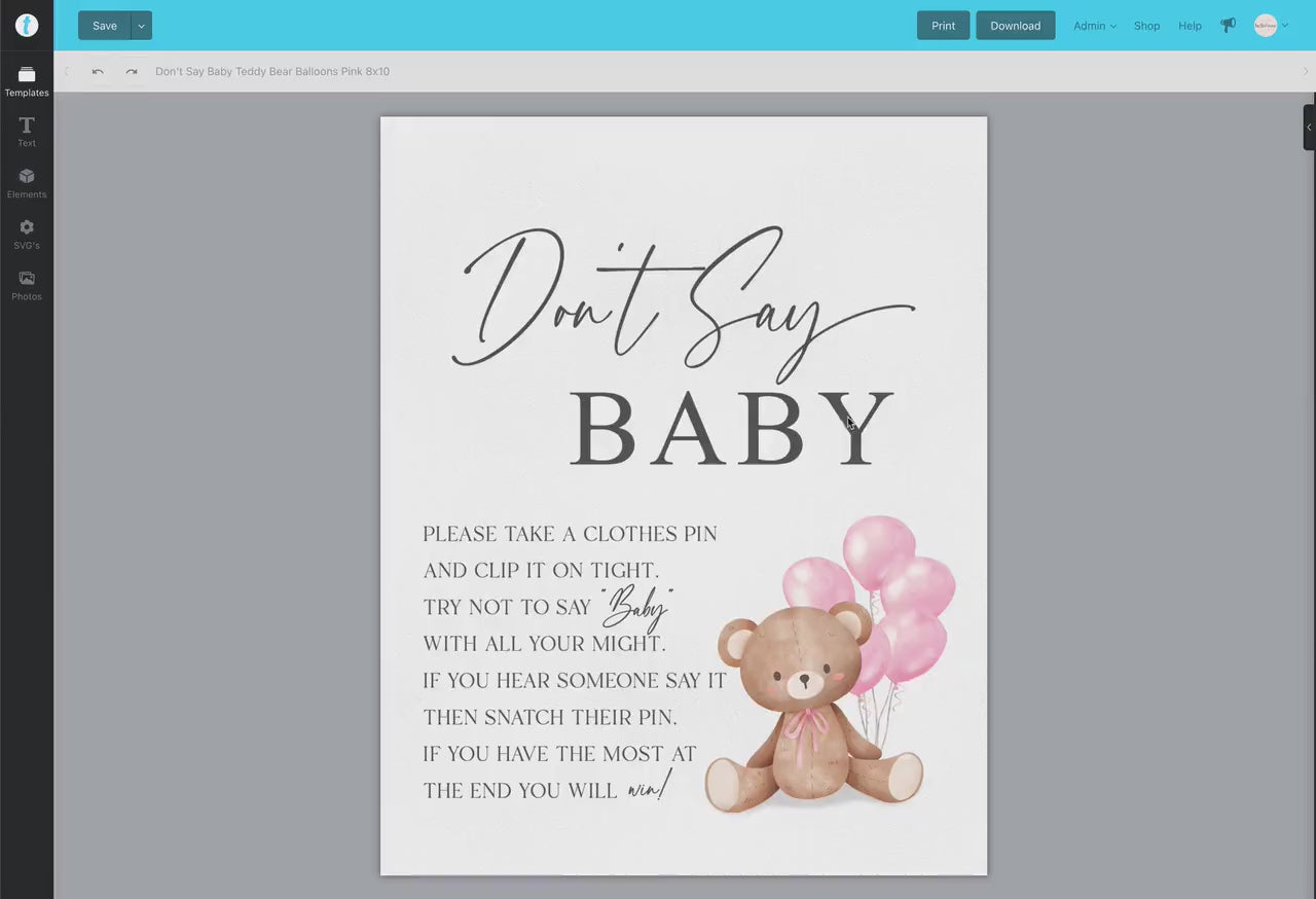 Dont Say Baby Baby Shower Game Sign, Teddy Bear with Pink Balloons, Girl Baby Shower, Baby Sprinkle,  We Can Bearly Wait, Template Download