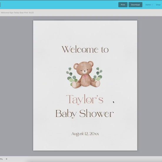 Editable Bear Baby Shower Welcome Personalized Sign . Pink Blue and Green . PRINTABLE Poster . Instant Download Templett Template
