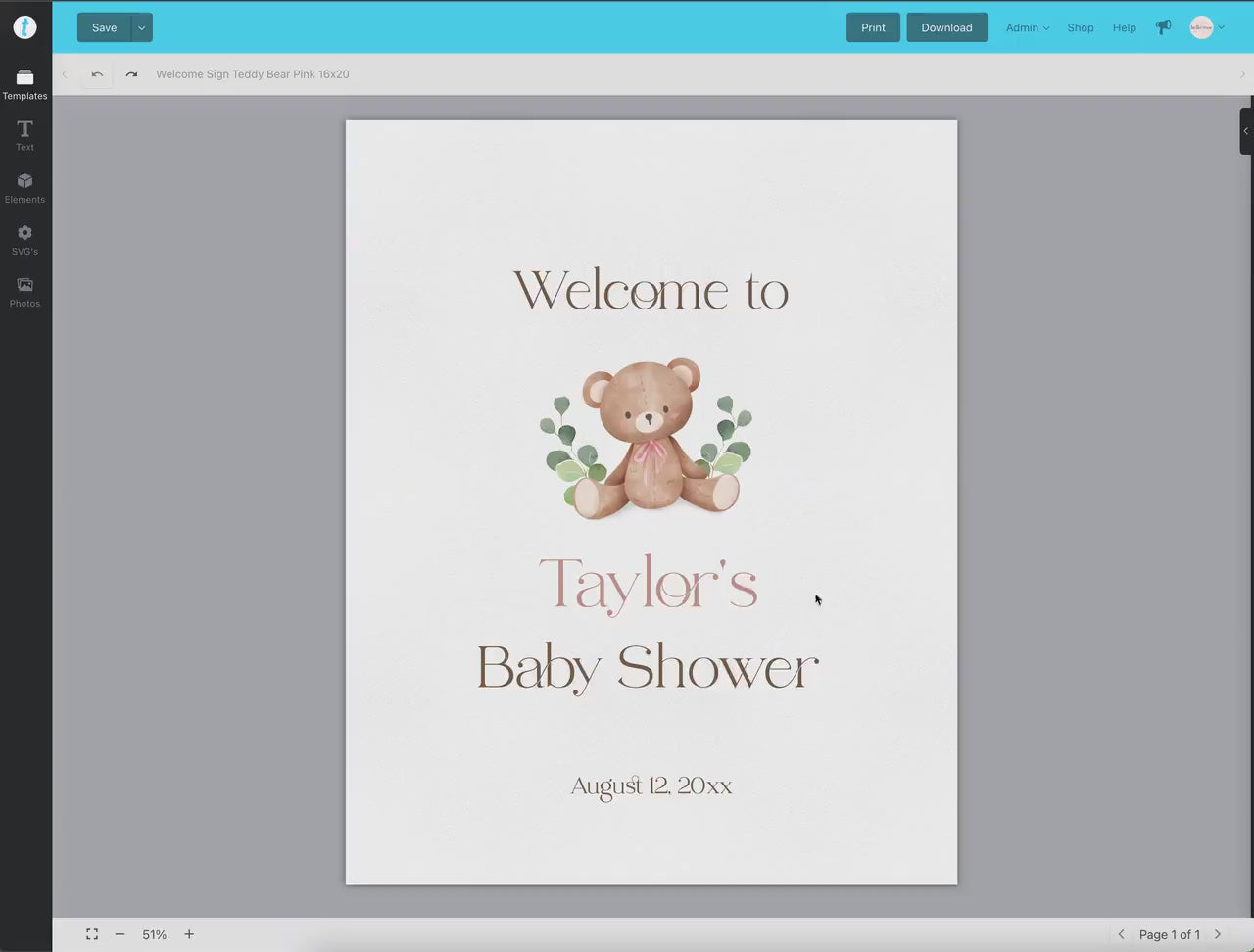 Editable Bear Baby Shower Welcome Personalized Sign . Pink Blue and Green . PRINTABLE Poster . Instant Download Templett Template