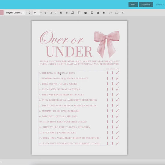 Over or Under Pink Bow Baby Shower Game, Girl Baby Sprinkle Game Cards, Printable Editable Template Instant Digital Download TEMPLETT