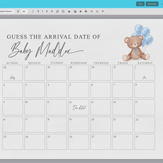 Bear Guess the Arrival Calendar Game, Guess the Birth Due Date, Bear with Blue Balloons, Boy Baby Shower, Bearly, Template Download TEMPLETT