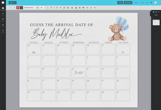 Bear Guess the Arrival Calendar Game, Guess the Birth Due Date, Bear with Blue Balloons, Boy Baby Shower, Bearly, Template Download TEMPLETT