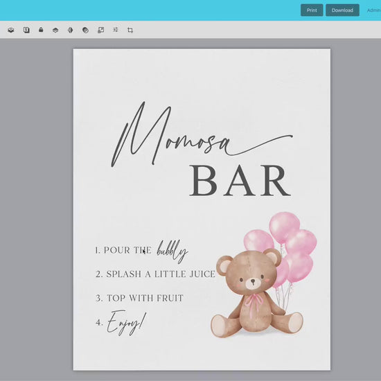 Momosa Bar Sign, Printable Baby Shower Mimosa Bar, Bear with Pink Balloons, Girl Baby Shower, Baby Sprinkle, Template Download Templett