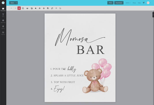 Momosa Bar Sign, Printable Baby Shower Mimosa Bar, Bear with Pink Balloons, Girl Baby Shower, Baby Sprinkle, Template Download Templett