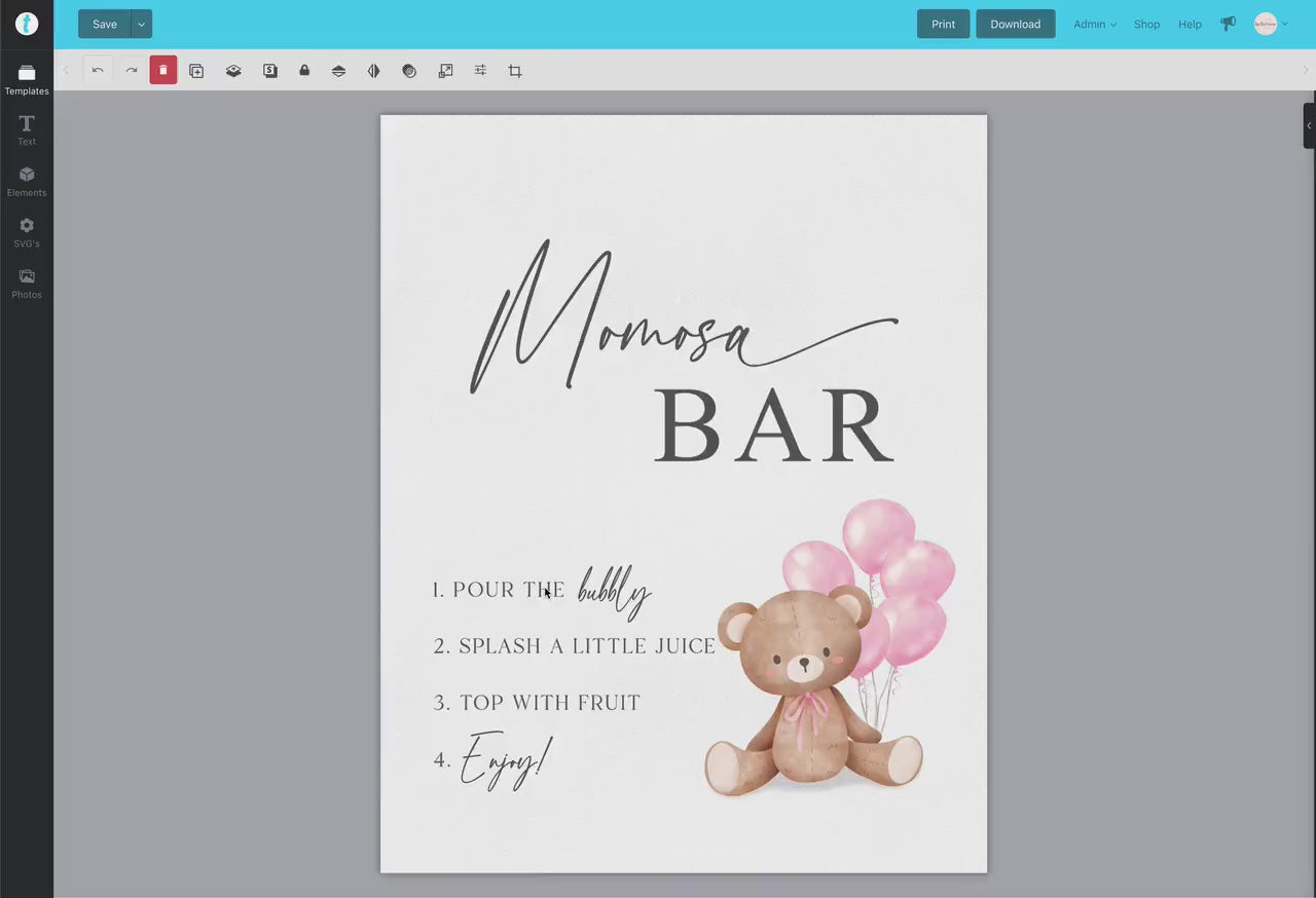 Momosa Bar Sign, Printable Baby Shower Mimosa Bar, Bear with Pink Balloons, Girl Baby Shower, Baby Sprinkle, Template Download Templett