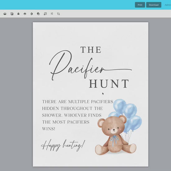 Pacifier Hunt Baby Shower Game Sign, Teddy Bear with Pink Balloons, Girl Baby Shower, Baby Sprinkle,  We Can Bearly Wait, Template Download