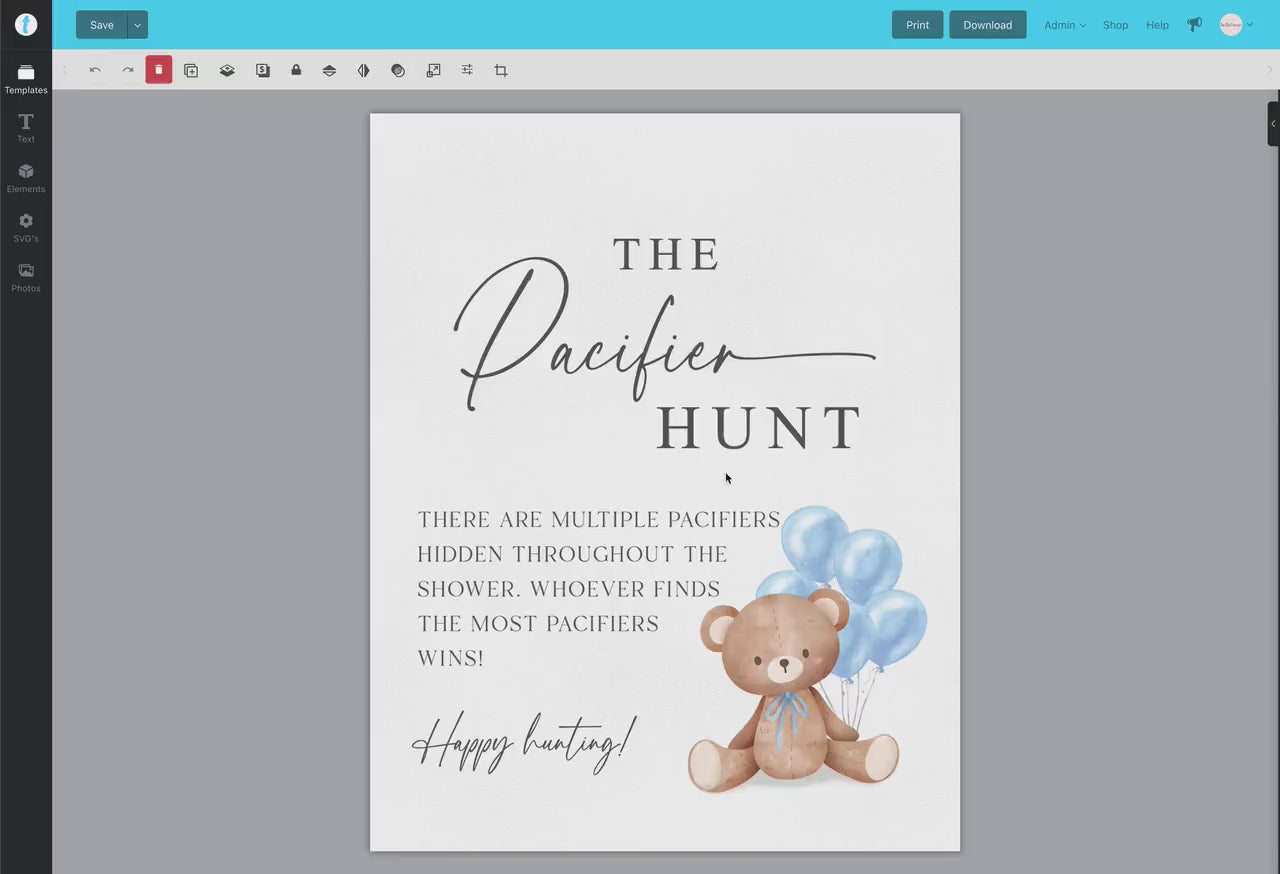 Pacifier Hunt Baby Shower Game Sign, Teddy Bear with Pink Balloons, Girl Baby Shower, Baby Sprinkle,  We Can Bearly Wait, Template Download
