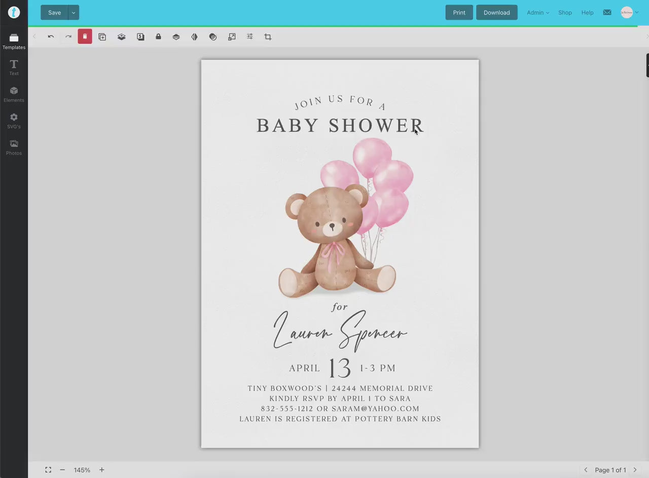 Bear with Balloons Baby Shower Bundle of 60+ Games, Signs, Tags, Labels . Girl Pink . Printable Editable Template Instant Download Templett