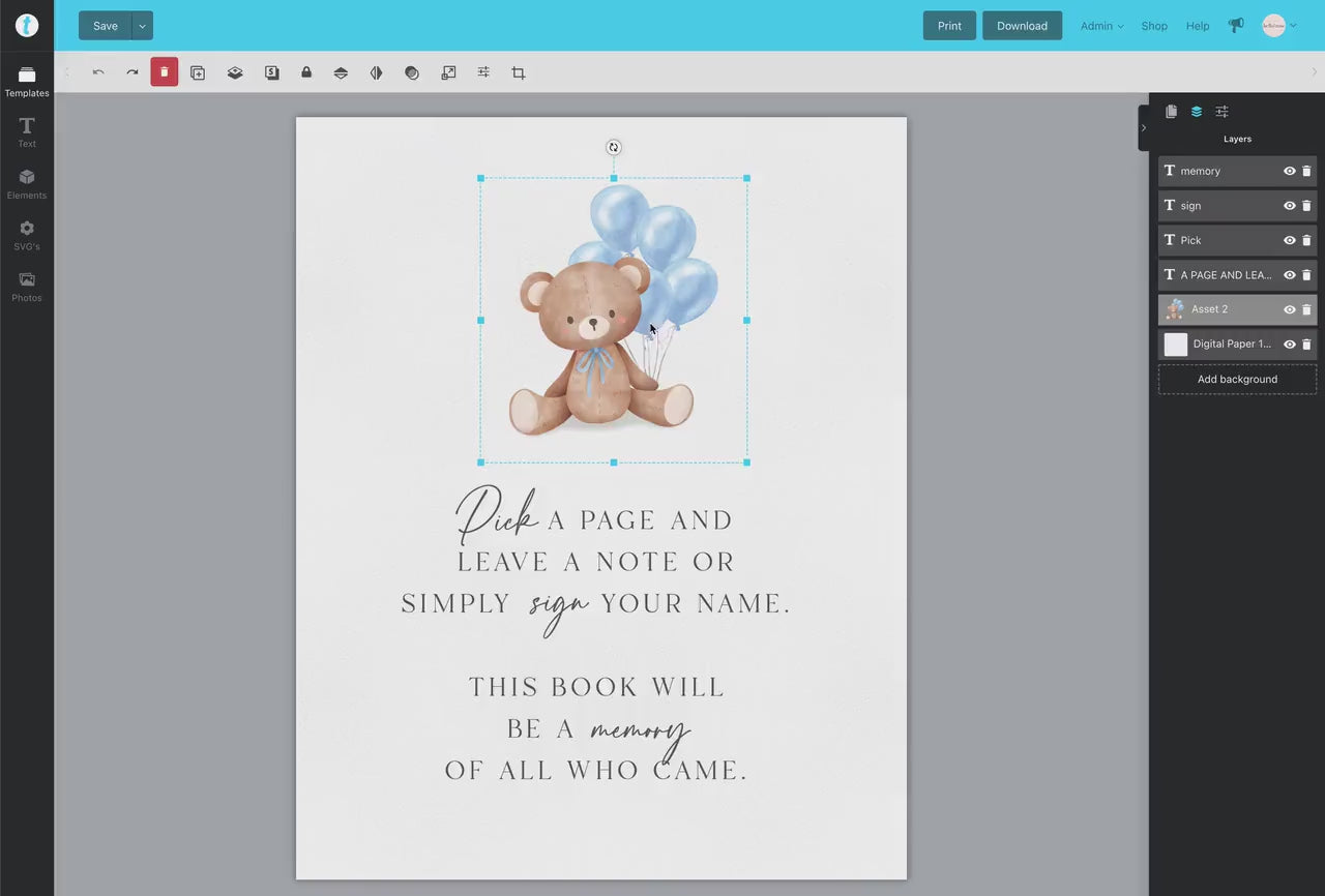 Pick a Page and Leave a Note Memory Baby Shower Guestbook Sign, Bear with Pink Balloons, Girl Baby Shower, Baby Sprinkle, Template Download