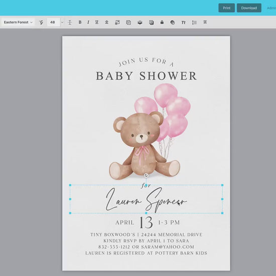 Bear Baby Shower Invitation, We Can Bearly Wait, Bear with Pink Balloons, Girl Baby Shower, Sprinkle, Editable Template Download Templatt