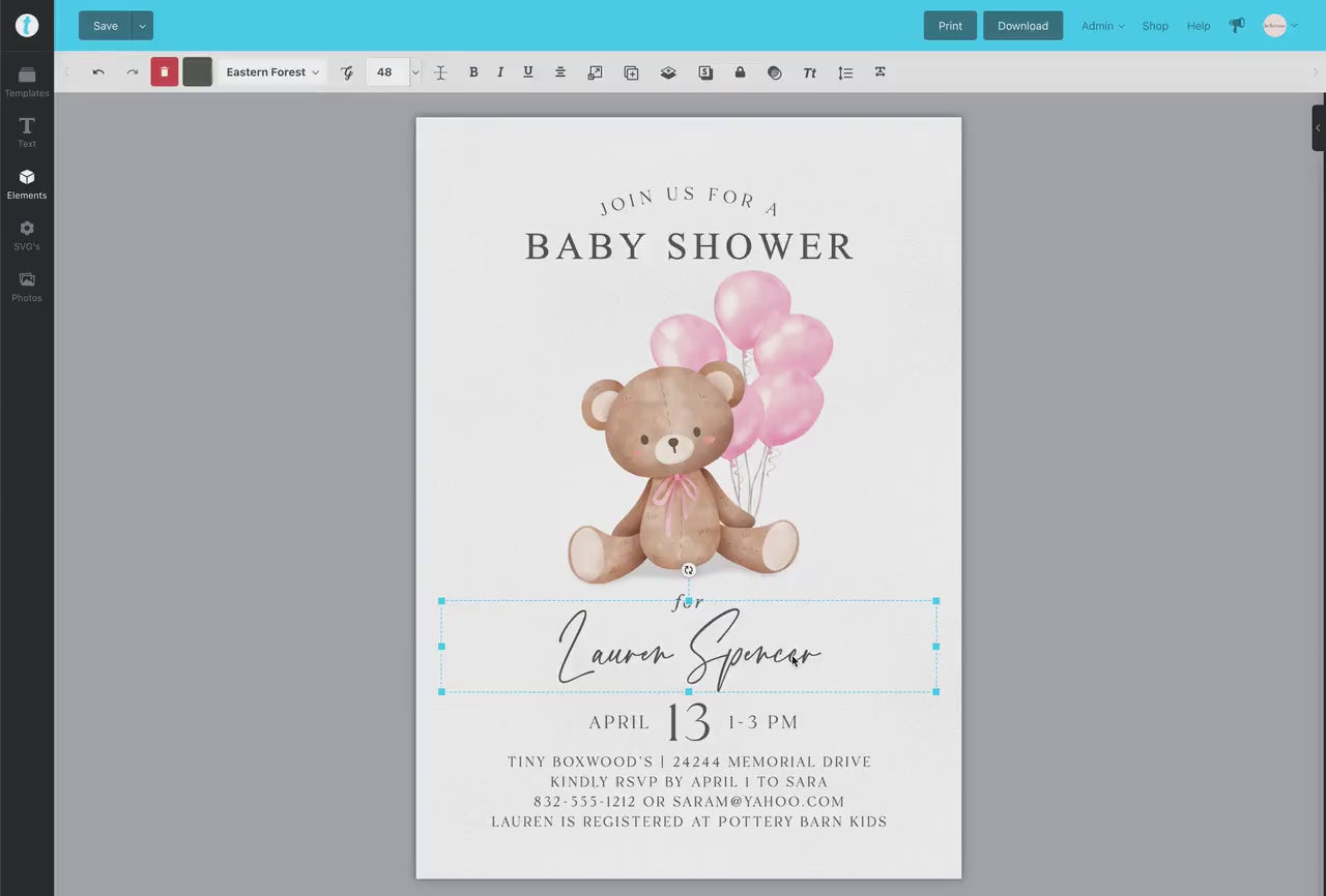 Bear Baby Shower Invitation, We Can Bearly Wait, Bear with Pink Balloons, Girl Baby Shower, Sprinkle, Editable Template Download Templatt