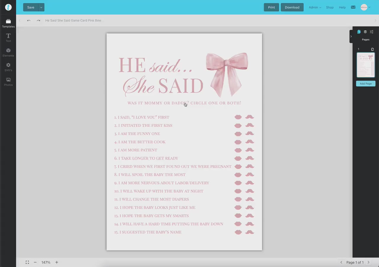 He Said She Said Who Said It Pink Bow Baby Shower Game, Girl Baby Sprinkle, Printable Editable Template Instant Digital Download TEMPLETT
