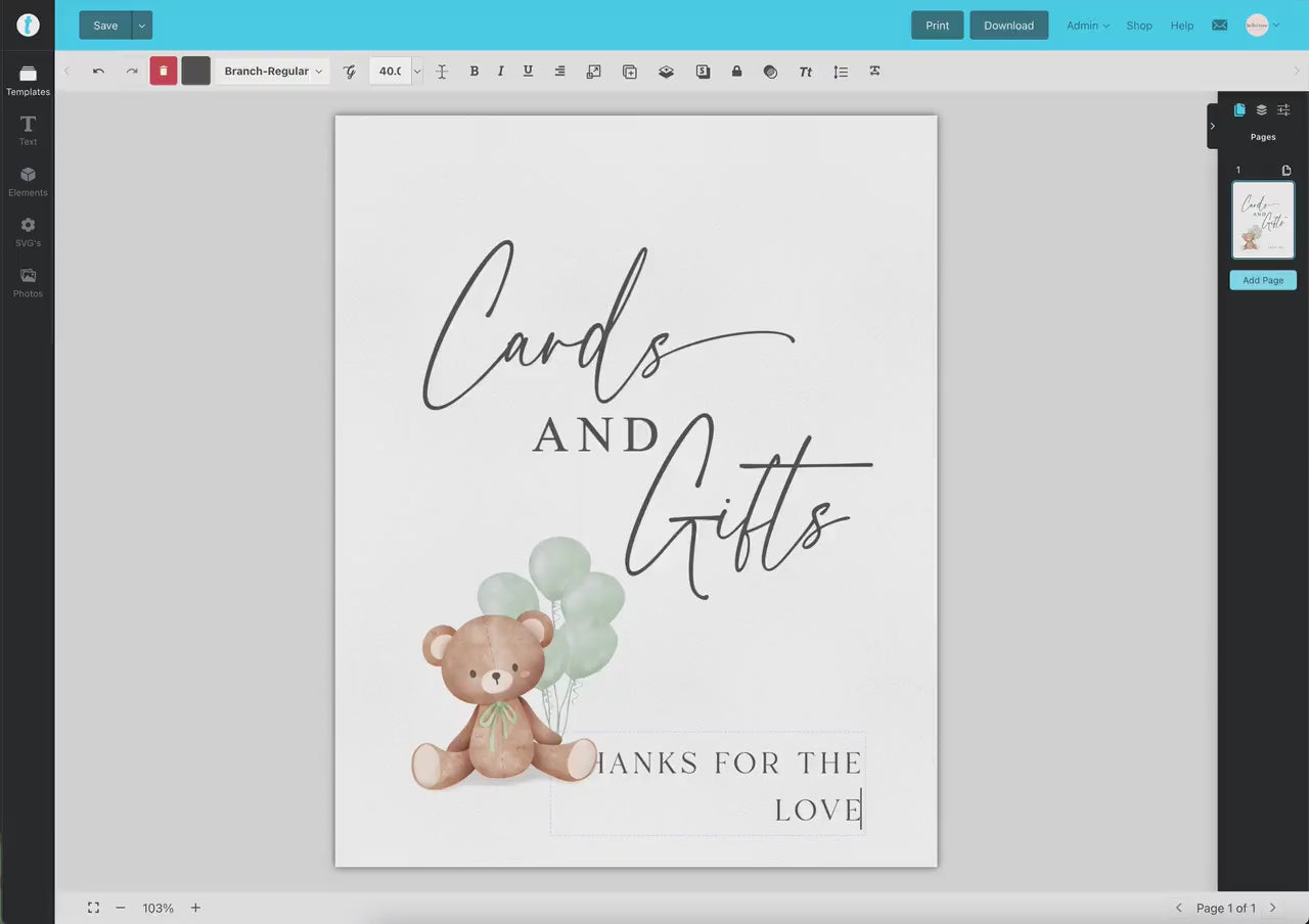 Cards and Gifts Baby Shower Sign, Teddy Bear Beige Balloons, Girl Boy Baby Shower Sprinkle, We Can Bearly Wait, Template Download TEMPLETT