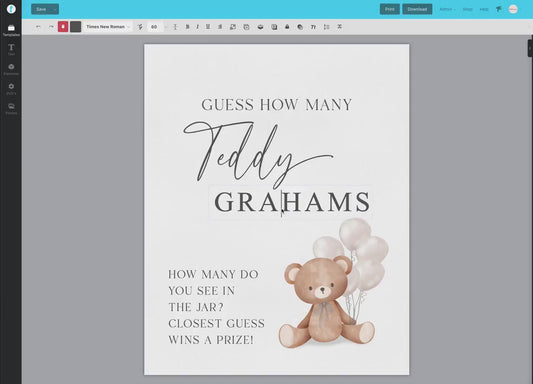 Guess How Many Teddy Grahams Baby Shower Game, Teddy Bear with WHITE Balloons, Gender Neutral,  We Can Bearly Wait, Template Download