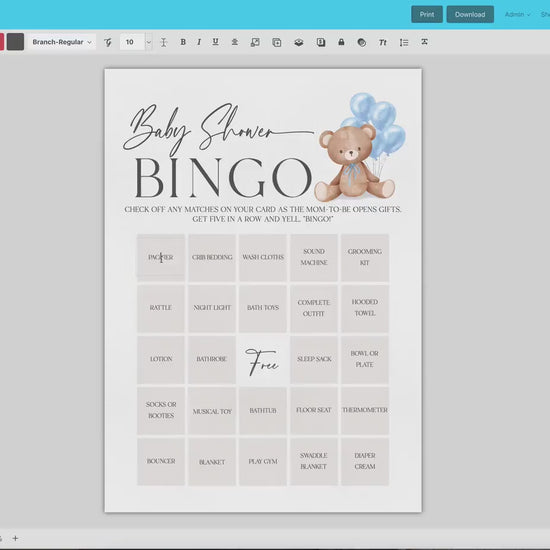 Baby Shower Bingo Gift Opening Game, Bear with Blue Bow Balloons, Boy Teddy Bear, We Can Bearly Wait, Editable Template Download TEMPLETT