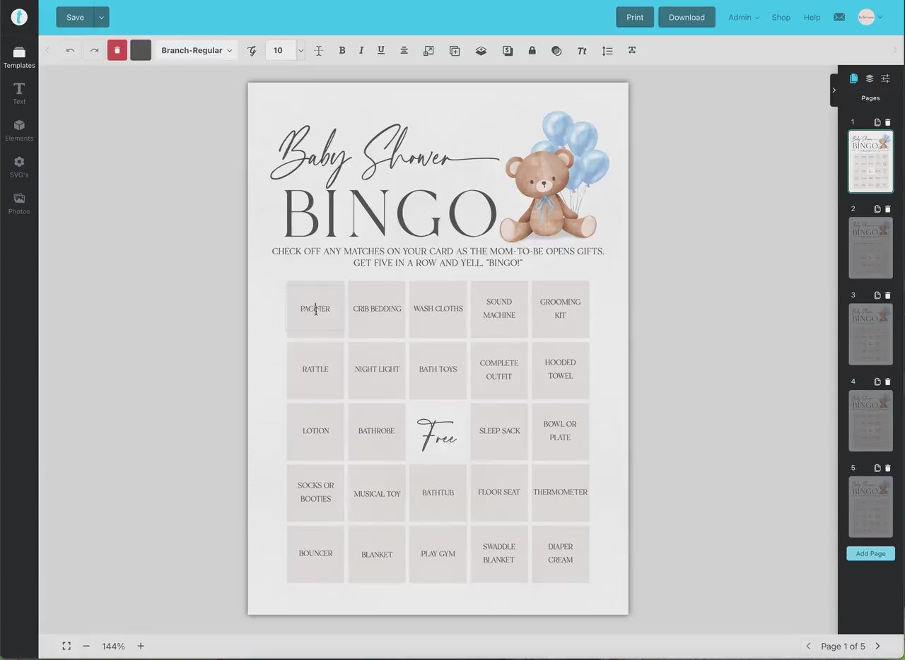 Baby Shower Bingo Gift Opening Game, Bear with Blue Bow Balloons, Boy Teddy Bear, We Can Bearly Wait, Editable Template Download TEMPLETT