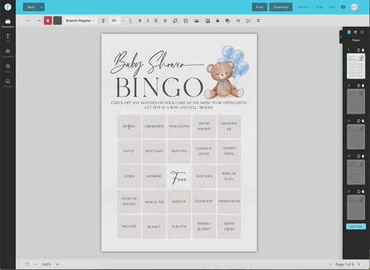 Baby Shower Bingo Gift Opening Game, Bear with Blue Bow Balloons, Boy Teddy Bear, We Can Bearly Wait, Editable Template Download TEMPLETT