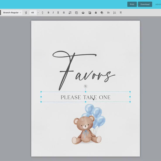 Favors Printable Baby Shower Sign, Teddy Bear with Blue Balloons, Boy Baby Shower, We Can Bearly Wait, Template Download Templett