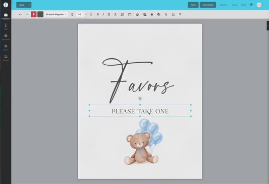 Favors Printable Baby Shower Sign, Teddy Bear with Blue Balloons, Boy Baby Shower, We Can Bearly Wait, Template Download Templett