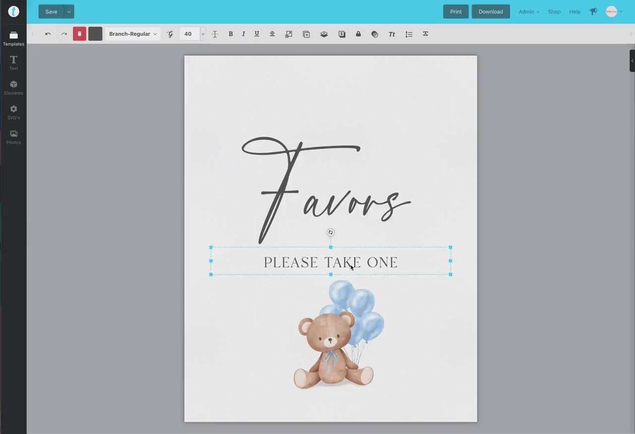 Favors Printable Baby Shower Sign, Teddy Bear with Blue Balloons, Boy Baby Shower, We Can Bearly Wait, Template Download Templett