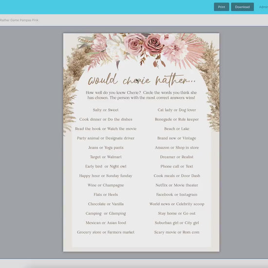 Would She Rather Girl Baby Shower Game . Pink Floral Boho Pampas Girl Baby Shower . PRINTABLE Editable Template . Instant Download Templett