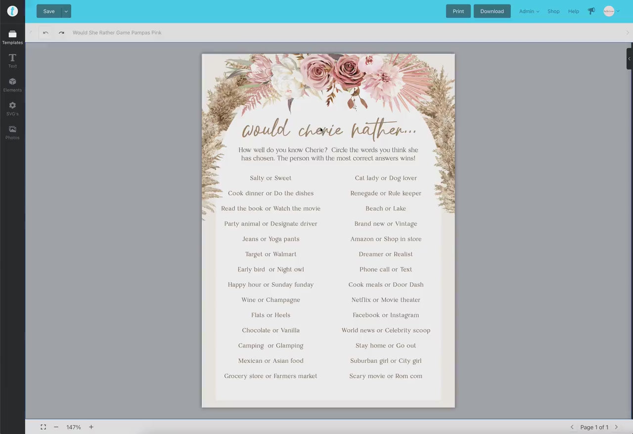 Would She Rather Girl Baby Shower Game . Pink Floral Boho Pampas Girl Baby Shower . PRINTABLE Editable Template . Instant Download Templett