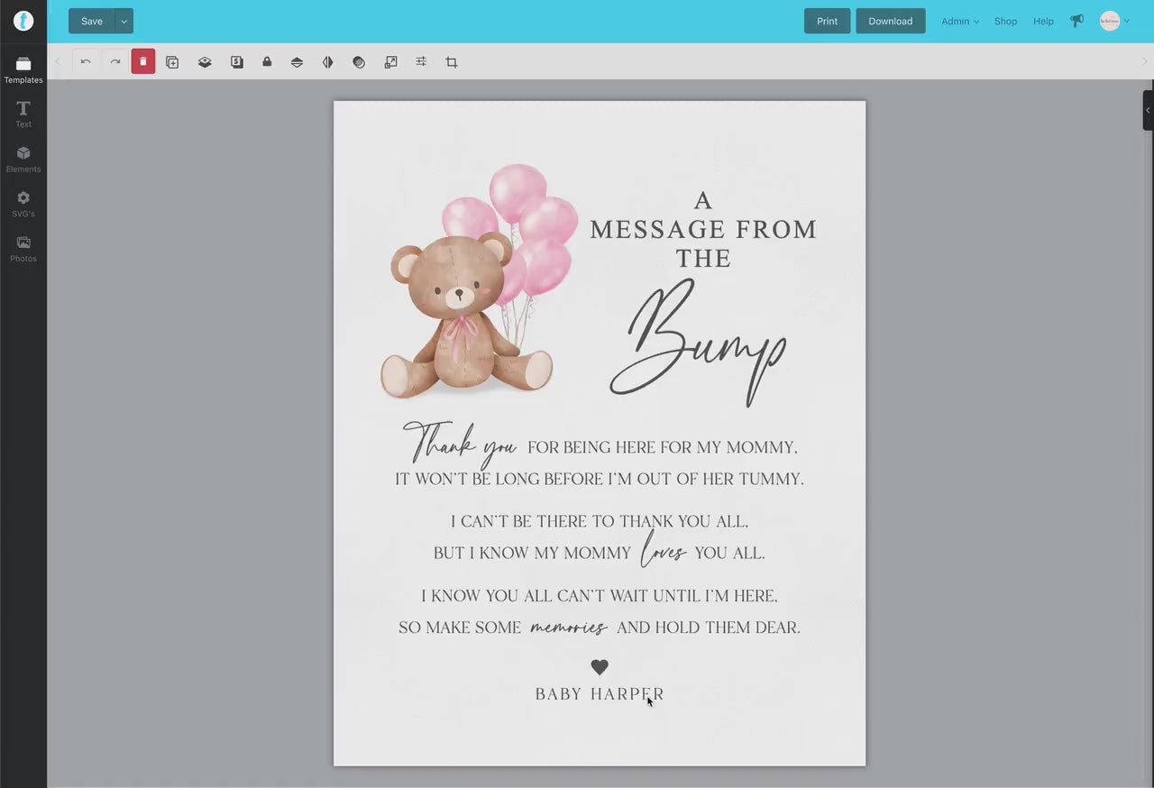 A Message from the Bump Baby Shower Sign, Bump Sign, Message From Baby, Bear Pink Balloons, Girl Baby Shower, PRINTABLE Template Download