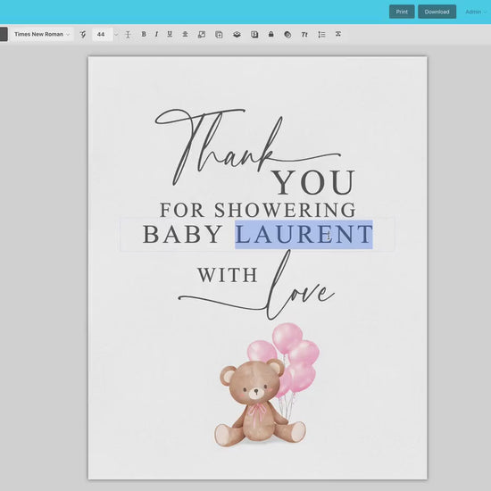 Thank You for Showering Baby with Love Baby Shower Sign, Bear with Pink Balloons, Girl Baby Shower, Sprinkle, Template Download Templett