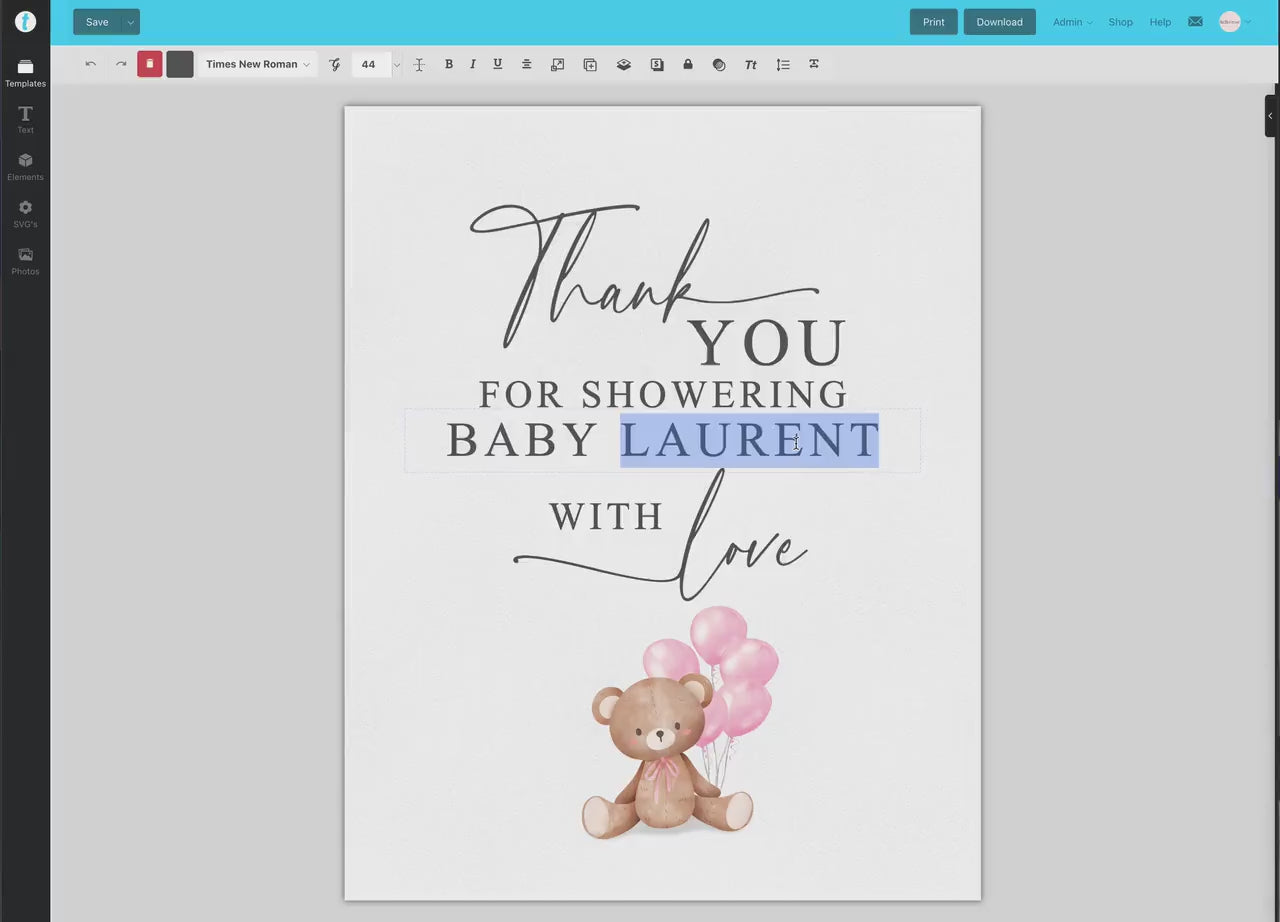 Thank You for Showering Baby with Love Baby Shower Sign, Bear with Pink Balloons, Girl Baby Shower, Sprinkle, Template Download Templett