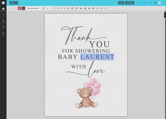 Thank You for Showering Baby with Love Baby Shower Sign, Bear with Pink Balloons, Girl Baby Shower, Sprinkle, Template Download Templett