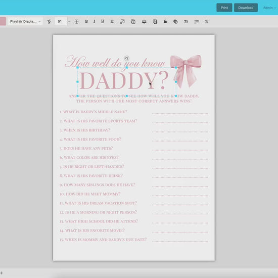How Well Do You Know Daddy Pink Bow Baby Shower Game, Girl Baby Sprinkle Game, Printable Editable Template Instant Digital Download TEMPLETT