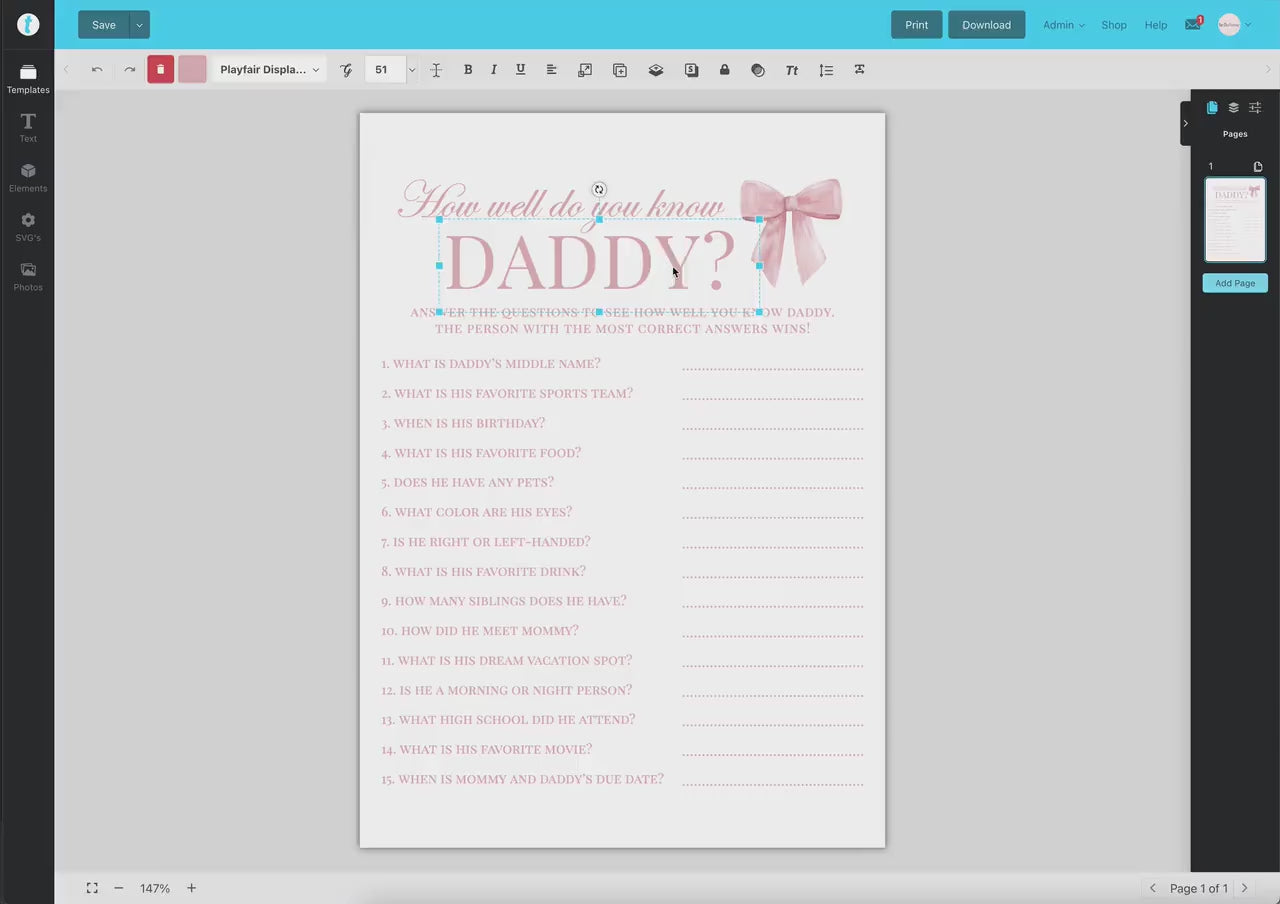 How Well Do You Know Daddy Pink Bow Baby Shower Game, Girl Baby Sprinkle Game, Printable Editable Template Instant Digital Download TEMPLETT