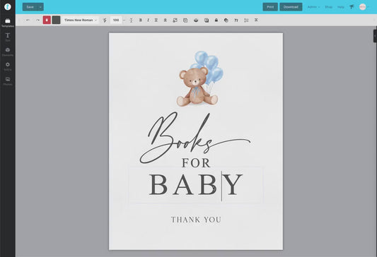 Books for Baby Printable Sign and Cards, Teddy Bear with Blue Balloons, Boy Baby Shower, Couples Shower, Can Bearly Wait, Template Download