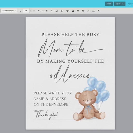 Help the Busy Mom to Be Addressee Baby Shower Envelope Sign, Bear with Blue Balloons, Boy Baby Shower, Baby Sprinkle, Template Download